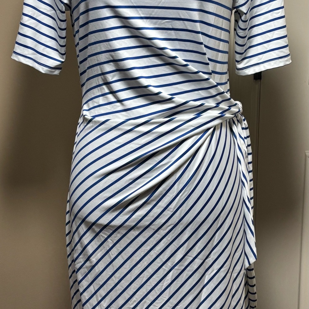 Lands’ End Elbow Sleeve Tie Waist Sheath Dress White & Navy Blue Nautical Sz S - Picture 10 of 16